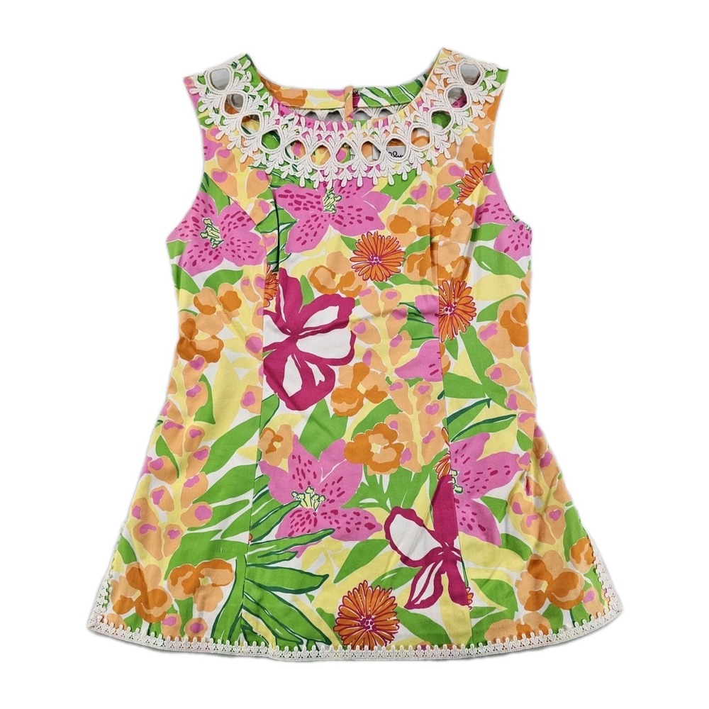 Vtg Lilly Pulitzer Women's Tunic Top 6 Pink Green Hibiscus Print White Label